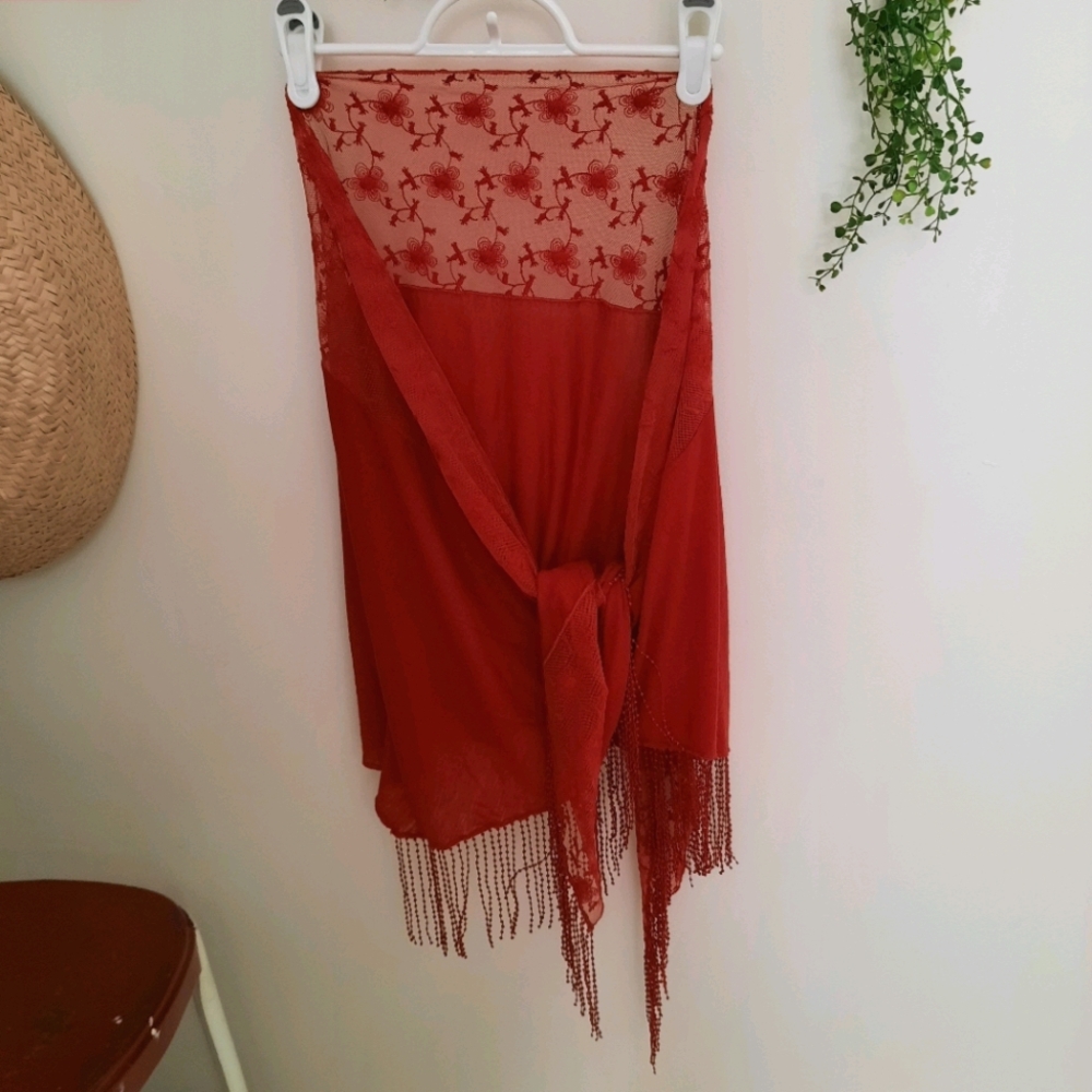 Fringe and Lace Bohemian Wrap Or Sarong Embroidered Flowers